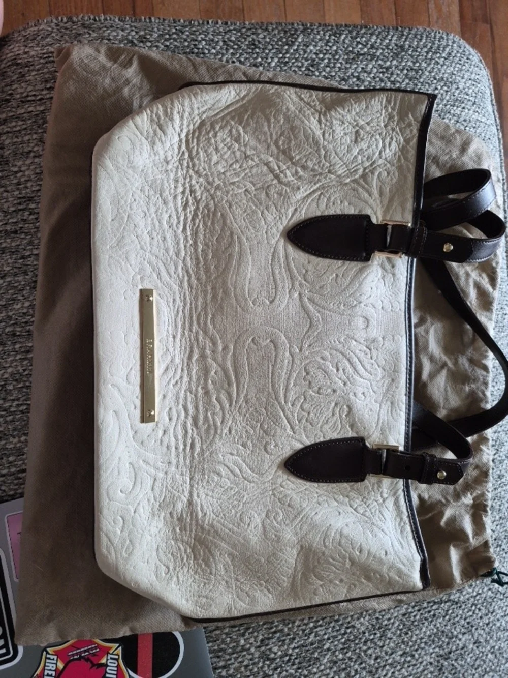 Brahmin White Embossed Tote Bag with Dark Brown Trim - Designer Plate